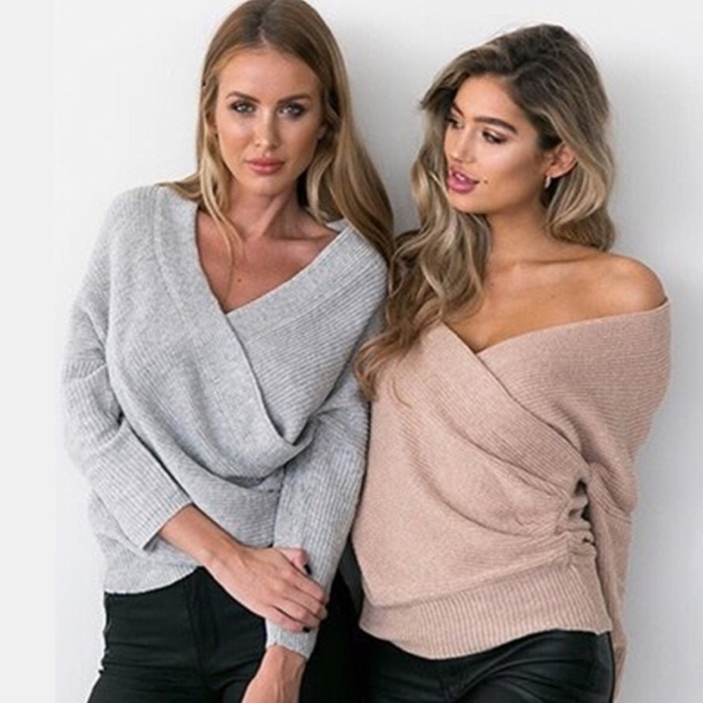 Cross Front V Neck Chunky Knit Slouchy Sweater - Picture 5 of 8